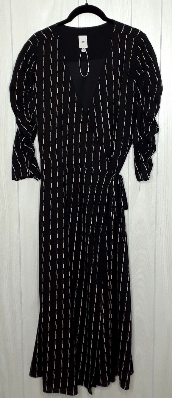 ICHI Lyla Wrap Maxi Dress Black Cream Lined Size 40 NWOT Danish Styling
